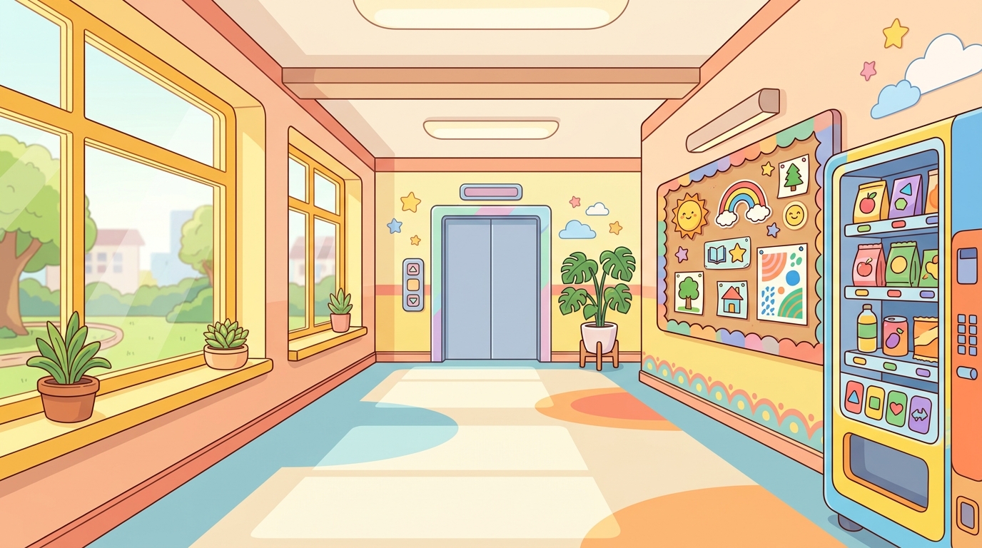 A bright school hallway with a sunny window, a vending machine, a bulletin board, and an elevator door